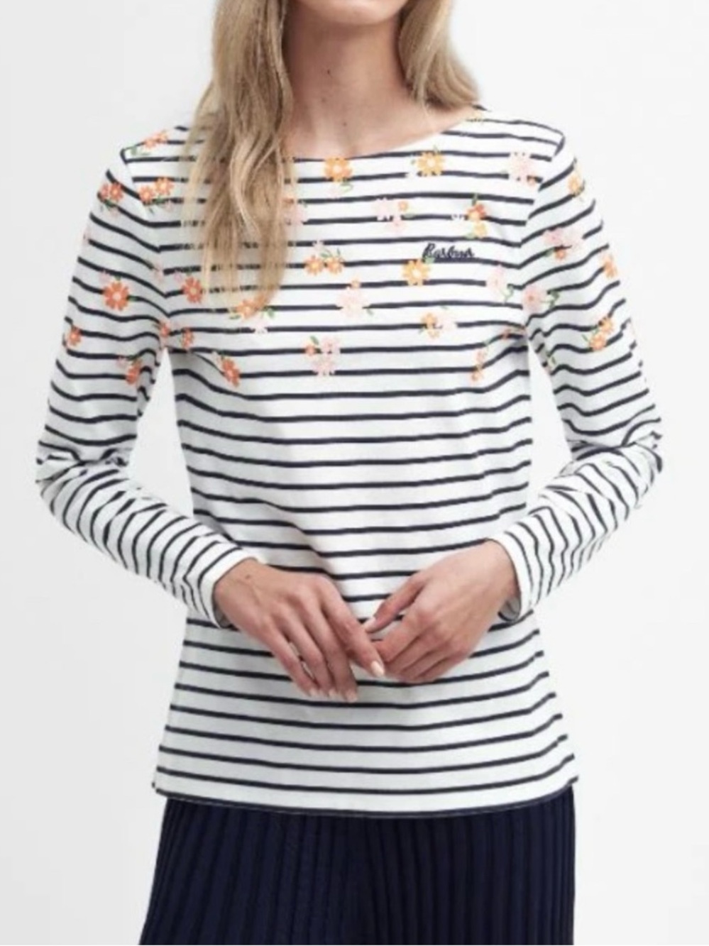 COPY Barbour Fish Pattern Navy Striped Nautical Crewneck Cotton Long Sleeve Top